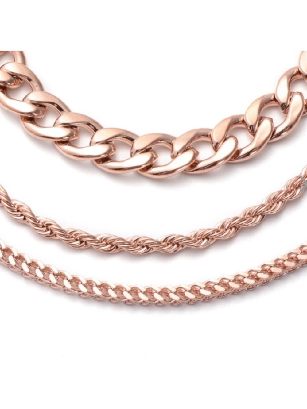 Set of Three Rose Gold over Stainless Steel Bracelets Figaro Rope Wheat 7”-9”